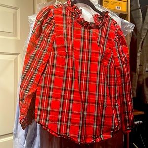 Tartan shirt with ruffle trim neck